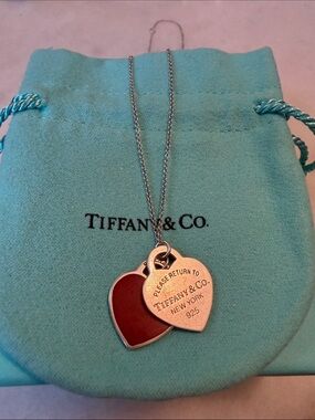 Authentic Tiffany & Co. Red Enamel Silver Double Heart Pendant Necklace Small